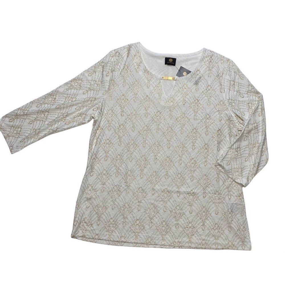JM Collection Blouse Top Medium White Women's Glitter Sparkle NEW